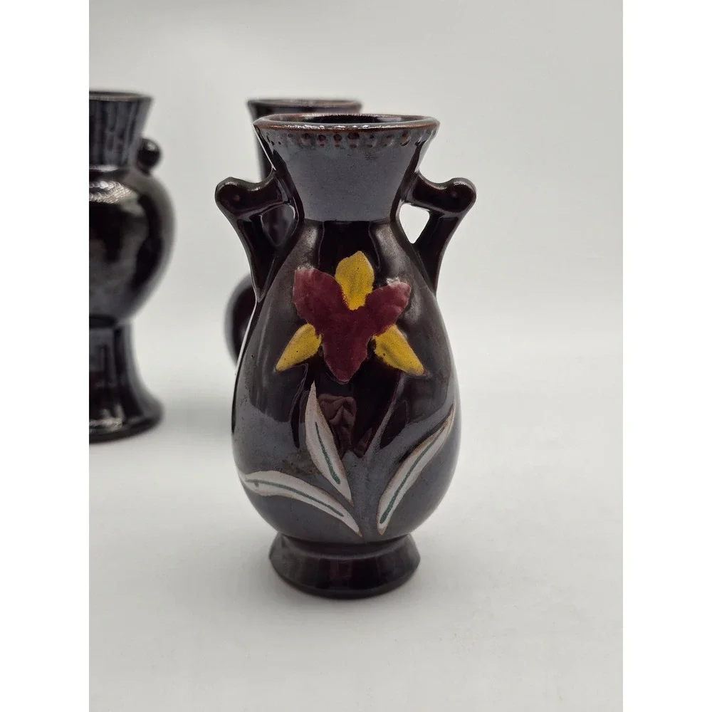 Vintage MCM Japan Miniature Bud Vase Set of 3 Dark Brown Floral Pottery 4